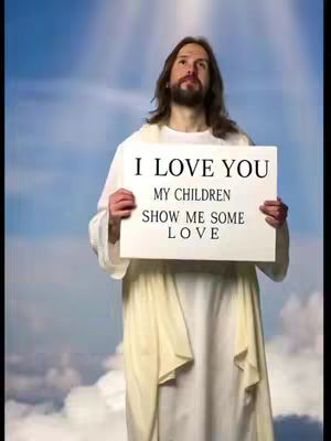 The image features a man in a white robe, resembling Jesus, holding a sign. Behind him is a depiction of a sky with clouds and rays of light. The man is looking up with a contemplative expression.