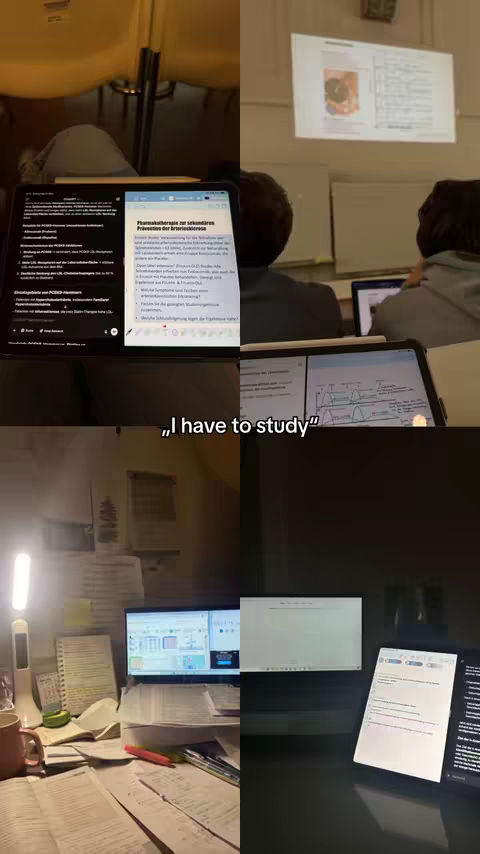 The cover image is a four-panel collage showing study materials and settings. It includes a person's perspective studying in what appears to be a lecture hall with notes on a tablet, a desk with various study materials, and a screen displaying data. The text overlay displays text at the bottom: "i have to study".