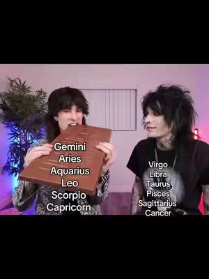 Two individuals are positioned on the screen. The one on the left is holding a brown rectangle with texts layered on it. The text on the left rectangle reads Gemini, Aries, Aquarius, Leo, Scorpio, and Capricorn. The person on the right is facing left with a surprised facial expression. The background features an ordinary wall and a large window. Different colors are visible on the image.