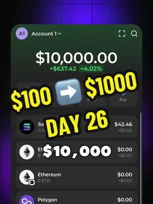 The cover image is a vertical screenshot of a crypto trading app's interface. The background gradients from dark green to purple. The top section displays an account summary with '$10,000.00' in large white text, alongside a smaller increase indicator. A prominent overlay reads '$100' with an arrow pointing towards '$1000', and another text overlay reads 'DAY 26'. Below is a list shows a 'Solana' entry, and then an 'Ethereum' entry, both displaying minimal balances, but the main balance shown is '$10,000'.