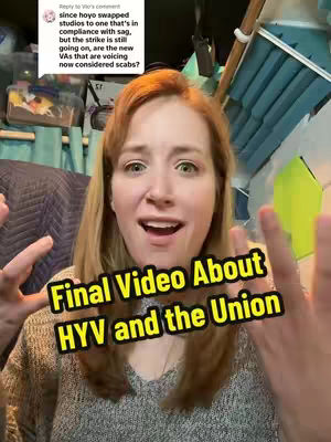A woman with auburn hair is centered in the frame, looking directly at the camera with an open mouth, suggesting she is speaking. Text overlays with the words "Final Video About HYV and the Union." The background is a messy interior.