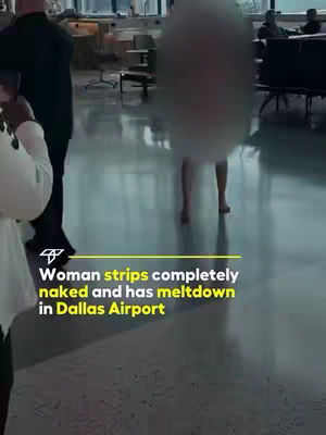 The image shows a blurred figure of a person partially unclothed in an airport. Text overlays at the bottom in a yellow box. Additional figures are visible in the background, some seated. The scene is brightly lit, and the floor is reflective.