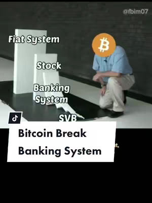 An image representing the collapse of the banking system, presenting figures falling like dominoes. The top domino is labelled 'Fiat System' and descends to 'SVB.' A person with a Bitcoin logo for a head has their head on their knees.