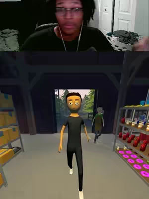 The cover image is a split screen. The upper half shows a person looking directly at the camera, wearing glasses and earphones. The lower half shows the interior of a building or warehouse, with a cartoon character running forward. The character is in a black jumpsuit.