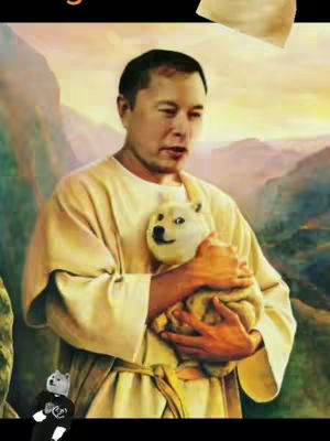 An image depicting a human-like figure holding a Doge meme, with the face of Elon Musk. The background has a landscape with mountains and a bright sky.