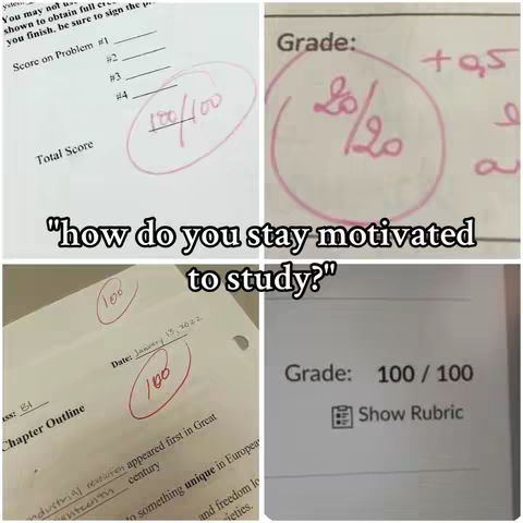 The image is a collage of four different exam papers, each showing a different grade in red ink. The grades include 100/100, 20/20, and another 100 with a circle around them. The text overlay in the center reads 'how do you stay motivated to study?'