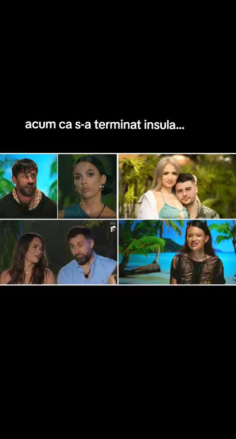 The cover image is a series of six stills arranged in two rows. The top row has three shots showing pairs of people. The text overlay says, "acum ca s-a terminat insula..." which means "now that the island is over...".