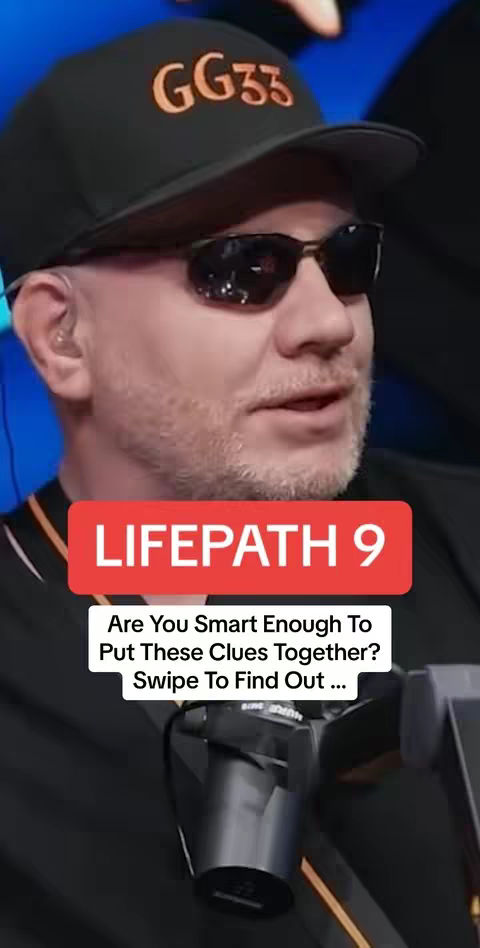 A man wearing a black cap with the text "GG33" in orange and sunglasses is the focus. Overlayed on his upper body is a red banner with white text that reads "LIFEPATH 9". Below that, text asks, "Are You Smart Enough To Put These Clues Together? Swipe To Find Out ..."