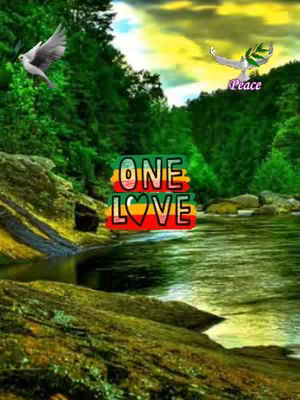 The cover image presents a serene landscape with a body of water and lush green foliage. Two white birds are depicted in flight against a backdrop of green trees and a yellow sky. A central sign with the words 'ONE LOVE' overlaid on it. The overall composition is tranquil and vibrant.