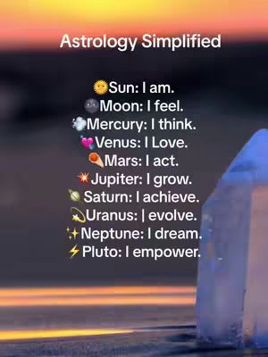 The cover image showcases a gradient background with warm sunset colors. In the foreground, an informative graphic lists astrological symbols, their corresponding celestial bodies, and associated phrases or actions, like sun being "I am."