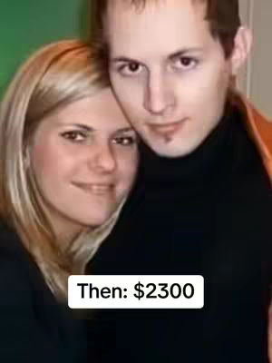 The image features a man and a woman in a close embrace. The man, centered, has short brown hair and a goatee. The woman, on the left, has blonde hair and is smiling. The contrast between their attire, a black top for the man and dark clothes for the woman, adds depth. Text overlay reads 'Then: $2300'. The background has a blurred effect. Overall, it presents a portrait that seems focused on showing a relationship, with a hook about money.