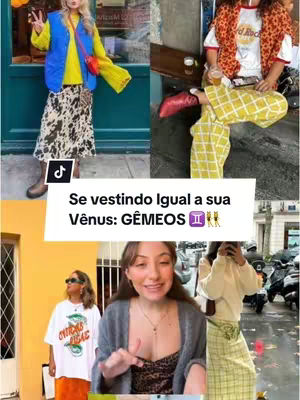 A composite image with four fashion-related scenes above and a central scene of a woman in a home setting below. The top scenes show different women in different outfits and settings. The woman in the bottom scene is in front of a plain wall, speaking into the camera. A text overlay reads, "Se vestindo Igual a sua Vênus: GÊMEOS ♊️." Several other women appear in the collage image.
