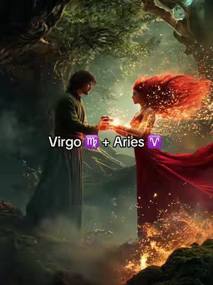A fantasy-style digital image depicting two figures, a man and a woman, seemingly in a forest setting. The man and woman are facing each other, and they are holding what appears to be a glowing orb between them. The woman, on the right, has flowing red hair, and is wearing a long red dress. The man, on the left, is wearing a dark green robe. The background features a lush environment with trees and foliage, and there's an ethereal, glowing light effect around the figures. The words "Virgo m + Aries v" overlay the image.