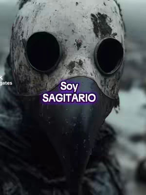 The image features a person wearing a dark, weathered plague doctor mask. Overlayed at the bottom is text in a glowing purple font that reads, "Soy SAGITARIO". The background appears to be a blurry, possibly outdoor environment