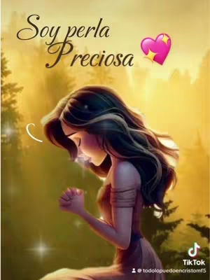 An illustrated image featuring a woman with long, dark hair, dressed in a soft, reddish-brown gown, her hands clasped in prayer. She is set against a blurred, golden background suggesting sunlight filtering through trees.