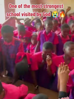 A crowd of students in red and purple uniforms are gathered, some with hands raised, suggesting a religious or emotional event. The image has a dark, somewhat grainy quality, and text overlays add context.