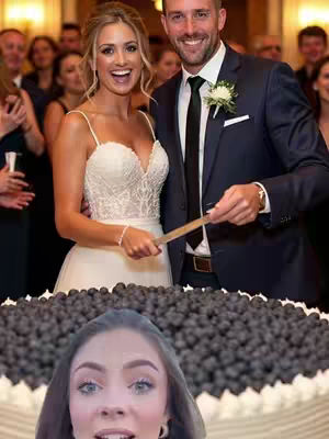 The cover image features a couple at a wedding, cutting into a cake decorated with blueberries. A woman is shown in the foreground, her face visible and superimposed over the cake, smiling at the camera.