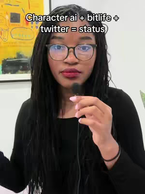 The cover image shows a woman with long black hair and glasses, looking at the camera while holding a microphone. In the upper part of the image there is text: 'Character ai + bitlife + twitter = status'. The background is a mix of yellow and white.