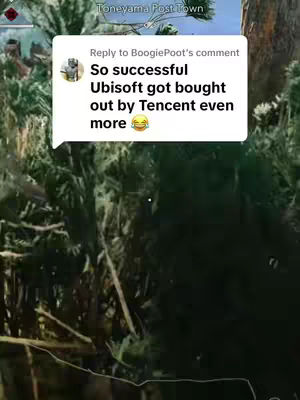 The image features a screenshot from a video game, likely Assassin's Creed, with lush green foliage and a building visible in the background. A speech bubble overlay from a comment is placed prominently, contrasting with the natural background. The layout is casual.