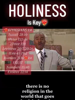 The image features a man in a suit speaking into a microphone in a church setting. White text overlays the man including: 'HOLINESS' above 'Is Key' and references to various scriptures.