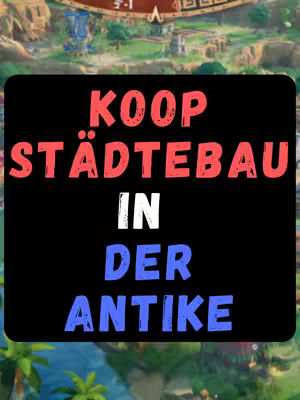 The cover image shows a game scene as a backdrop with a black rectangular overlay containing the text "KOOP STÄDTEBAU IN DER ANTIKE" in white and red text. The game scene shows a stylized ancient city.