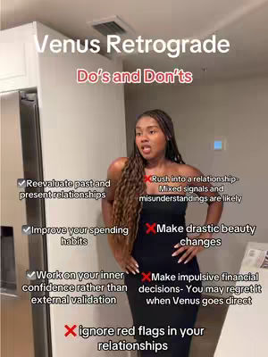 A woman in a black dress stands in what appears to be a home setting. Overlayed on the image are the words "Venus Retrograde" and "Do's and Don'ts". The list provides advice that is common in the astrology niche.