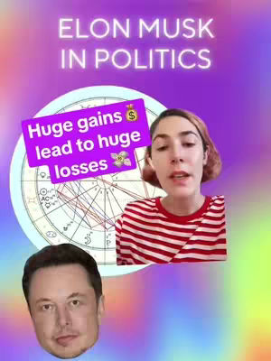 The cover image features a woman speaking, with text overlays and images of Elon Musk and a background with a birth chart. The layout is a vertical composition with a purple top section, a text overlay in a pink rectangle, an image of Elon Musk below the chart, and the woman in the center.