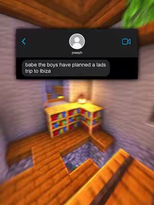 The image shows a Minecraft environment, the focus on a chat bubble which contains a message about a trip to Ibiza. The background is a Minecraft interior.
