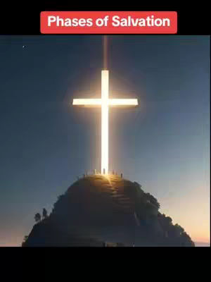 An artistic rendering of a cross atop a hill, with a glowing light emanating from the cross and illuminating the surrounding area, including a small group of figures at the base of the cross. The sky gradients from dark blue to orange, suggestive of sunrise or sunset.