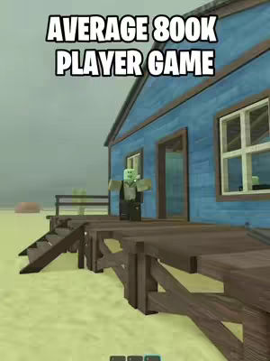 A low-angle shot of a Roblox game scene. A stylized, blocky character stands on a wooden deck, facing toward the viewer. The character is a green-skinned zombie with a black suit and gray vest. Behind the zombie is a blue house with off-white trim and windows. Text overlayed at the top of the image reads 'AVERAGE 800K PLAYER GAME' in a bold, white font. The overall scene is overcast with pale greens dominating the color palette.