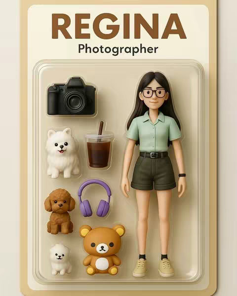 An action figure concept featuring a woman in a green shirt and shorts, wearing glasses. The figure is packaged alongside accessories like a camera, dogs, a coffee drink, headphones, and a bear plush toy. The packaging has a name and title at the top.