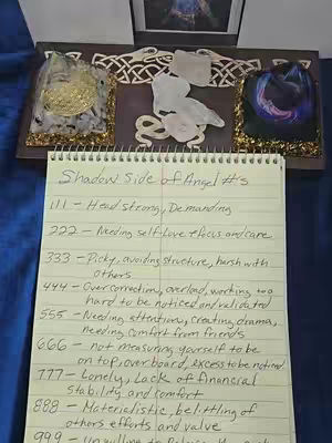 A notepad with the title 'Shadow Side of Angel #'s' is placed over a dark purple surface, with a background that includes decorative items. The notepad lists the negatives associated with angel numbers 111 through 999.