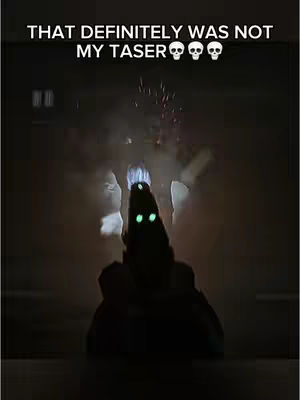 The image features a dark, eerie scene with a silhouette of a weapon-like object in the center. Above, text reads "THAT DEFINITELY WAS NOT MY TASER," accompanied by skull emojis. The object has two glowing green eyes or lights. Explosions of light and particles emanate upward from the weapon.