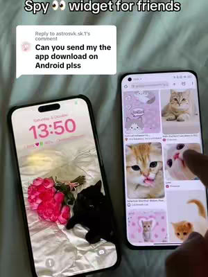 Two smartphones are shown. The phone on the left has a lockscreen with a black cat lying next to pink flowers. The phone on the right displays kitten pictures. Text overlays include a speech bubble with a comment, and the words "Spy widget for friends".