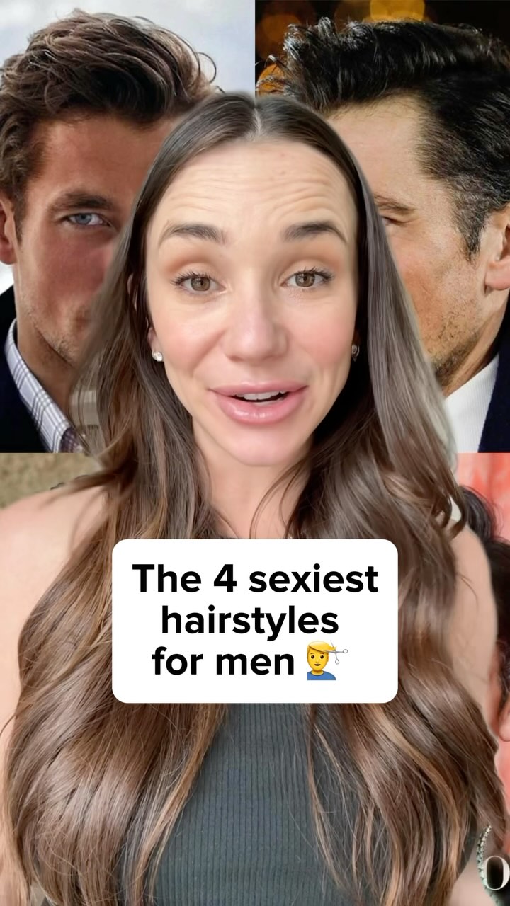 A woman with long brown hair is centered in the image, smiling and looking towards the camera. Behind her are four partially visible images of men with different hairstyles. Overlayed on the front is a white box containing the text: 'The 4 sexiest hairstyles for men.'