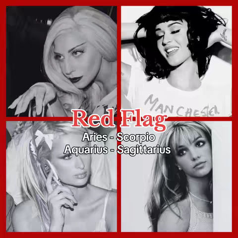 A square image divided into four smaller squares, each featuring a black and white photo of a celebrity. The top-left features a photo of Lady Gaga, the top-right has Katy Perry, the bottom-left features Paris Hilton, and the bottom-right has Britney Spears. In the middle, superimposed across the image, is the text 'Red Flag' in a bold, red font, with the zodiac signs mentioned below it.