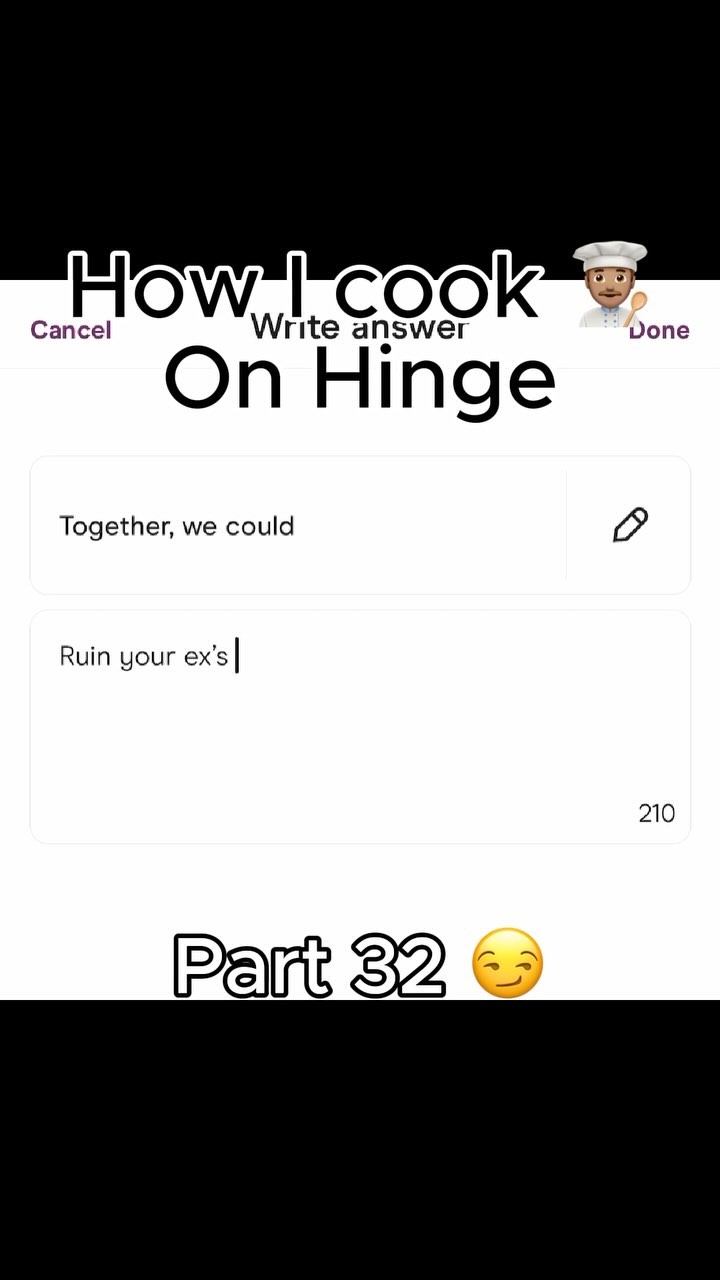 The cover image is a screenshot of a dating app interface. It displays the text "How I cook On Hinge" in large, bold, black font. Below it is a text input area, with the prompt "Together, we could" and a space to "Ruin your ex's|". The image has a white background with black and dark text labels. A cartoon chef is also present on the top right.