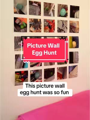 A wall with multiple small square pictures arranged in a grid pattern. A pink surface is visible at the bottom, with text above it. A large red rectangle with white text is centered on the image.
