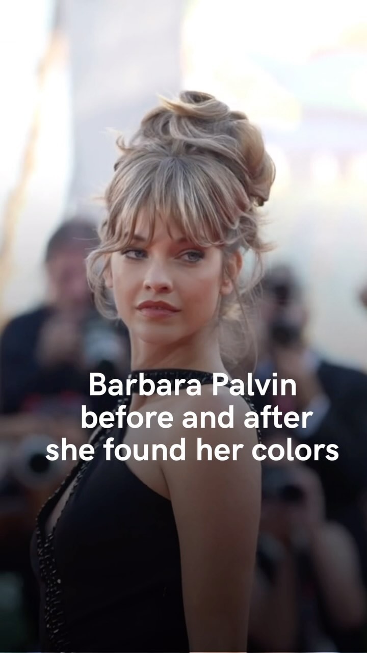 The cover image features a close-up shot of Barbara Palvin with blurry crowd members in the background, focusing primarily on her face, hair, and upper body. She is looking at the camera, her expression is neutral, with a slight hint of a smile, and her hair is styled up. The background consists of blurred-out figures and lights. The text overlay reads, “Barbara Palvin before and after she found her colors.”
