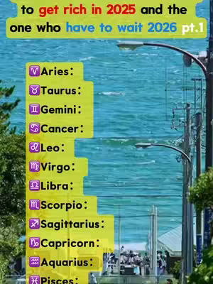 The cover image features a blue sea and sky in the background, with street lamps on the right side and some greenery. A yellow rectangle on the left lists the zodiac signs from Aries to Pieces against a blue background. Above the zodiac signs, centered text on a yellow banner reads a title in red and black.