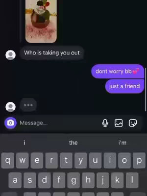 Screenshot of a text message conversation on a phone. The background is dark, and the text bubbles are positioned on the right-hand side. A picture adorns the top-left corner of the screen. The on-screen keyboard is visible at the bottom.