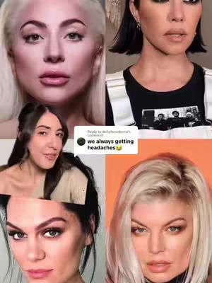 The image is a collage of four women's faces, split into quadrants. The woman in the top left has fair skin, blonde hair, and a neutral expression. The woman in the top right has dark hair and is wearing a black top. Below her, the woman has dark hair, angled brows, and is turned to the side. The woman in the bottom right has blonde hair and is smiling. A speech bubble with white background is placed in the middle part of this image, containing text related to headaches.