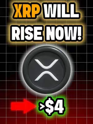 The cover image is a vibrant, digitally designed graphic. The background transitions from a dark red at the bottom to a black grid pattern towards the top. Centered in the image is the XRP cryptocurrency logo, a stylized black and white design within a black circular frame. Above the logo, bold text in yellow, outlined in black, reads "XRP WILL RISE NOW!". Below the logo, a green-outlined graphic with "$4" is emphasized with a red arrow pointing towards it. The overall composition is visually dynamic, aiming to attract attention with its bold colors and financial focus.