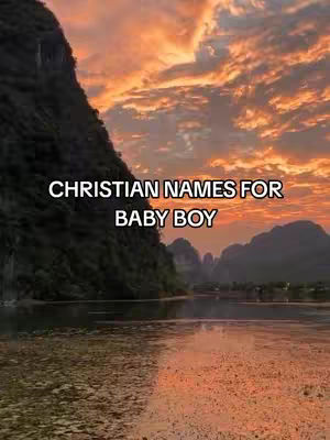 The cover image shows a landscape with a lake and mountains under a sunset sky. White text overlayed on the image reads "CHRISTIAN NAMES FOR BABY BOY".