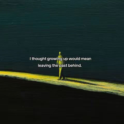 An artistic illustration depicting a solitary figure walking along a illuminated path that extends across the bottom of the image, on a background of dark blue. Text overlayed at the top states, "I thought growing up would mean leaving the past behind."