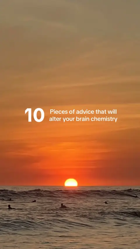 The cover image shows a sunset over the ocean. In the sky, the sun is a bright orange circle. Below, the water reflects the warm colors. The text says: 10 Pieces of advice that will alter your brain chemistry.
