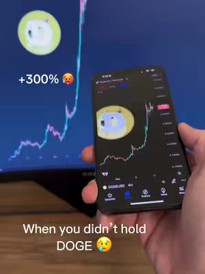 A person is holding a phone displaying a Dogecoin chart on the right. Behind the phone is a larger screen showing a similar chart with a growing trend upwards. The image is overlaid with text indicating a 300% increase and a sad emoji. At the bottom, text expresses regret for not holding Dogecoin.