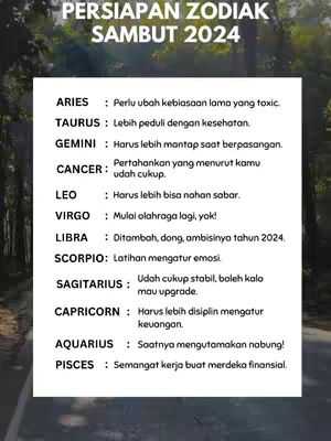 The image features a white background showcasing text arranged in a list format. At the top, the words "PERSIAPAN ZODIAK" and "SAMBUT 2024" are displayed in a bold, sans-serif font. Below, a list of zodiac signs—Aries, Taurus, Gemini, Cancer, Leo, Virgo, Libra, Scorpio, Sagittarius, Capricorn, Aquarius, and Pisces—is presented, each followed by a short piece of advice or a forecast for 2024. The text is in black, with each statement starting with a zodiac sign and a colon.