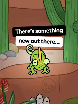 A cartoon image shows a green chameleon with a yellow crest, set against a blurred desert backdrop. Above the chameleon is a text overlay, and the overall layout is vertical, designed for mobile viewing.
