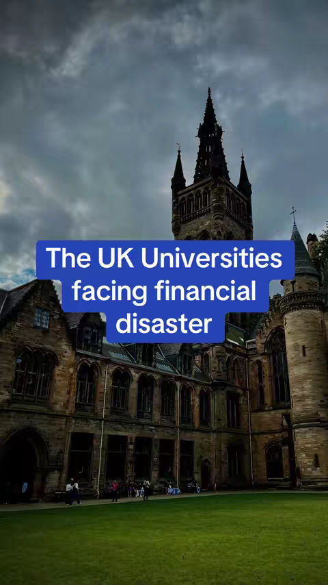The cover image features a grand, medieval-style building, possibly a university, under a dramatic, cloudy sky. A text overlay in a blue box reads, "The UK Universities facing financial disaster". The overall composition emphasizes the building's architecture and the serious topic discussed.